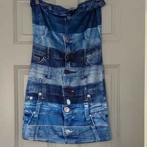 Denim Print Strapless Mini Dress - Blue